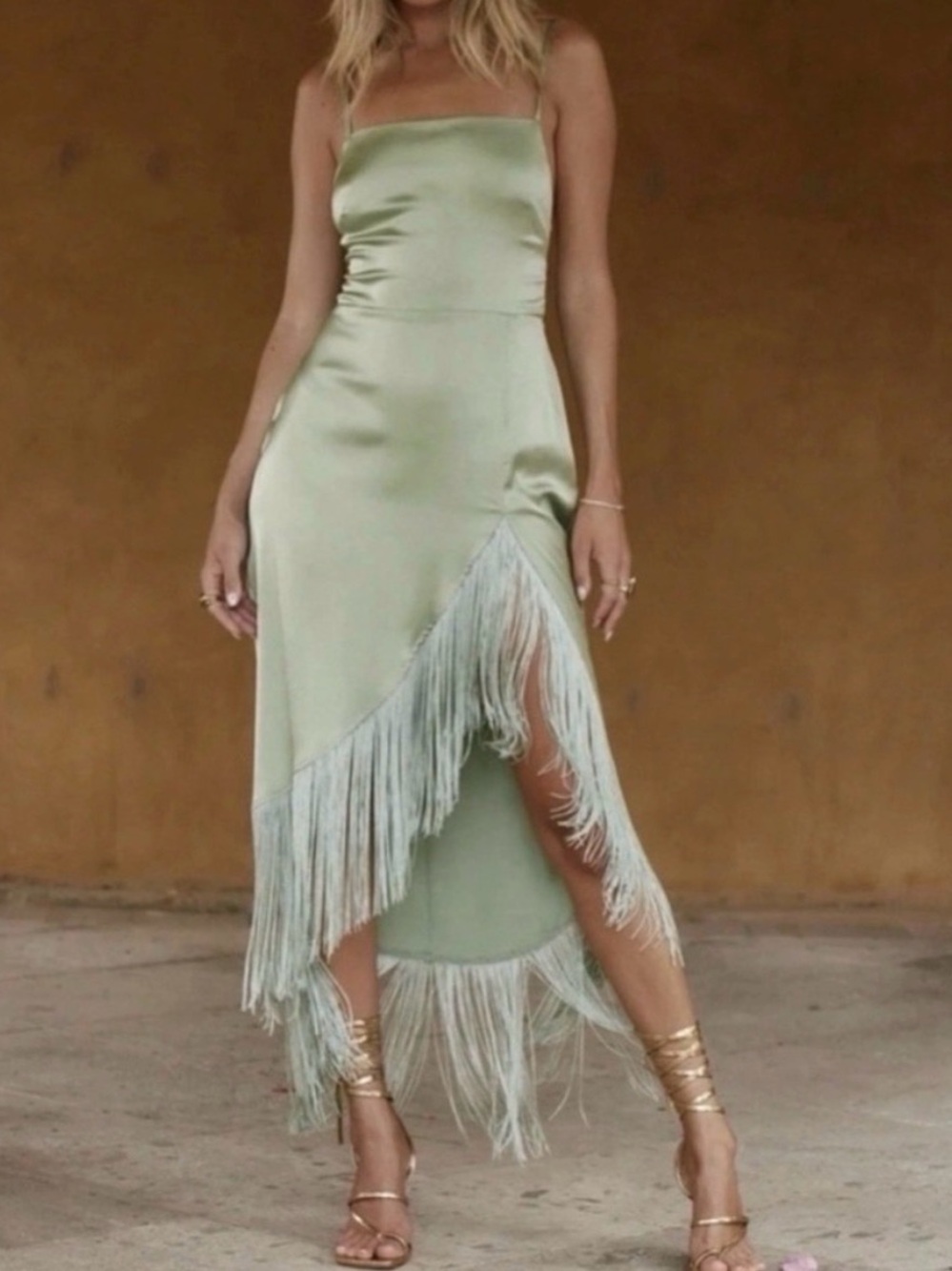 12th Tribe Sage Green Satin High-Low Fringe Dress